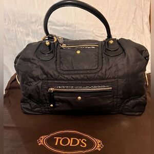 TOD'S Pashmy Plush Nylon w/Patent Leather
Trim Satchel